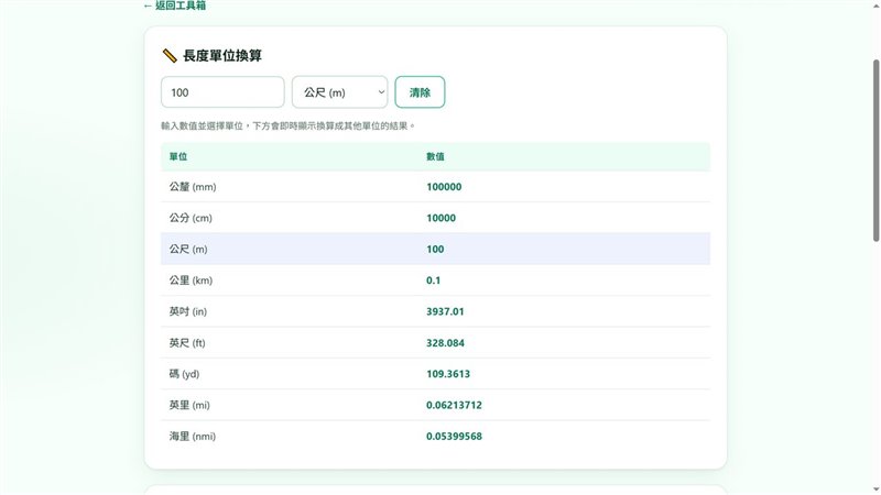 長度單位換算工具輸入 100 公尺的完整換算表